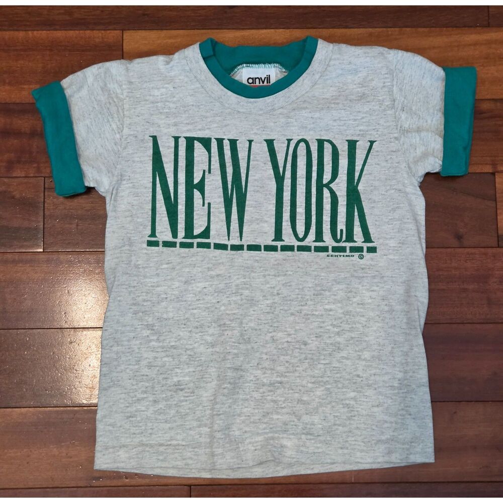 Vintage 90s Kids S New York Ringer Shirt Gray Green Anvil Made in USA